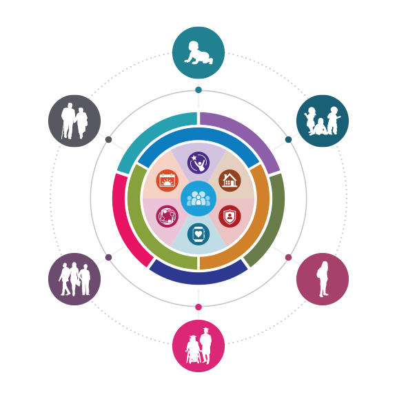 Circular Charting the LifeCourse diagram showing life stages around the outside and connected life domains and supports in the center.