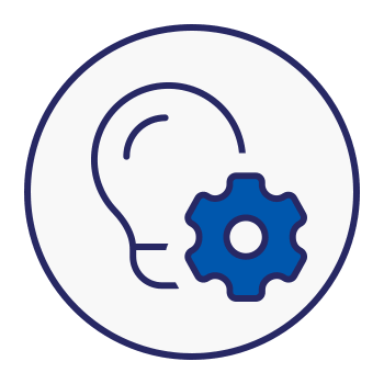 Head with gear representing guidance, problem-solving, and support.